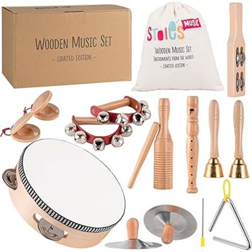 Stoie's Wooden Toddler Musical Instruments with Drum, Flute, Hand Bells, Cymbals, Castanets, Triangle, for Babies and Toddlers, Eco Friendly Montessori Educational Toy