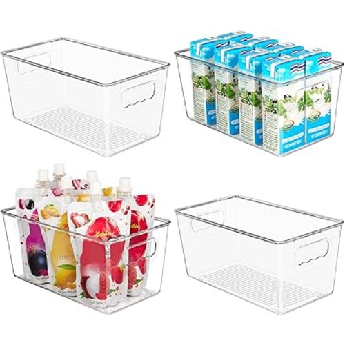 YIHONG Clear Plastic Storage Bins, 4 Pack Small Pantry Organizer Bins with Handle for Kitchen, Freezer,Cabinet,Closet Organization and Storage