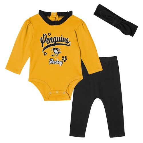 Pittsburgh Penguins Girls Infant 3-Piece Rink Queen Long Sleeve Bodysuit, Pants & Headband Set