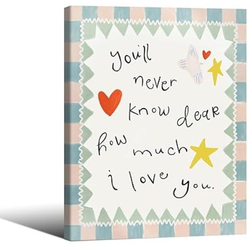 Colorful Cute Quote Poster You'll Never Know Dear How Much I Love You Wall Art Retro Minimalist Abstract Canvas Prints 12x16 inch Framed for Nursery Bedroom Wall Decor