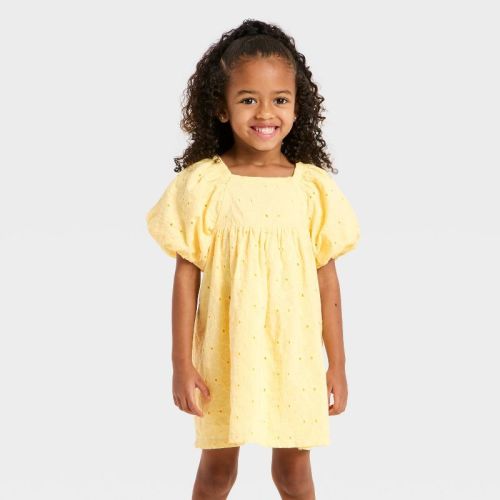 Toddler Girls' Easter Floral Flutter Sleeve Eyelet Dress - Cat & Jack™ Light Yellow 3T