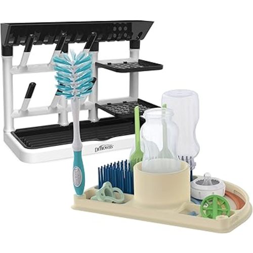 Dr. Brown's Drying Tower, Stand-Up Drying Rack with 2-in-1 Dry & Prep Silicone Mat, Silicone Baby Bottle Drying Mat with Removable Pegs for Baby Essentials, Built-in Bottle Prep, BPA-Free
