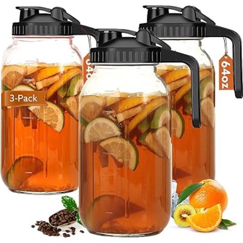 Glass Pitcher with Lid, 64 OZ Mason Jar Pitcher Double Leak Proof, 2 Quart Breast Milk Storage Containers for Fridge, Wide Mouth Glass Jar for Sun Tea, Juice, Cold Brew Coffee
