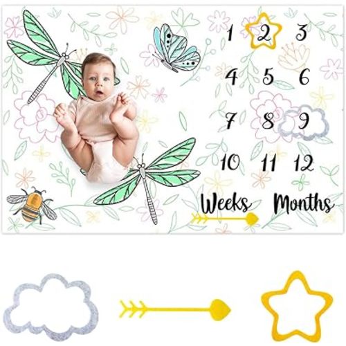 Dragonfly Baby Monthly Milestone Blanket Spring Flowers Butterfly Insects Nature Photography Background Newborn Growth Record Prop Blanket 60 "x40 with Frames
