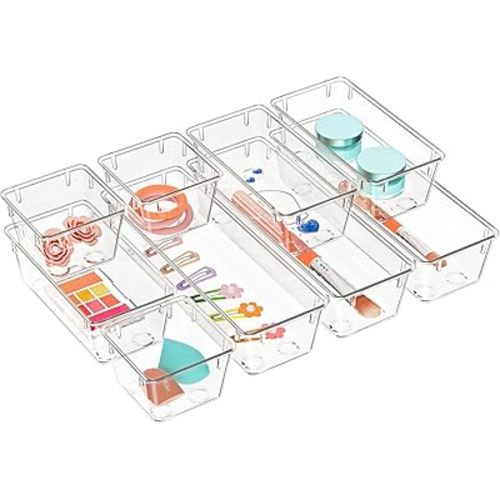 9 Pack Clear Drawer Organizer Set, Drawer Storage Trays, Storage Bins