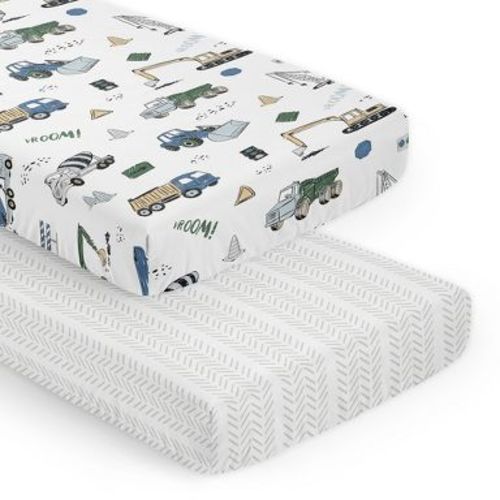 Sweet Jojo Designs Boy Fitted Crib Sheets Set Construction Truck Green Blue Grey 2pc