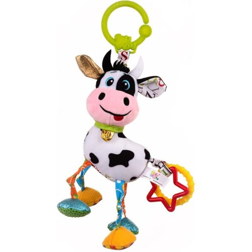 Balibazoo Caesar The Cow Hanging Toy - Developmental Sensory Rattle for Babies 0-24 Months | Vibrating Pull, Crinkle Sounds, BPA-Free Teether | Clips to Stroller, Car Seat | Soft Plush Baby Toy