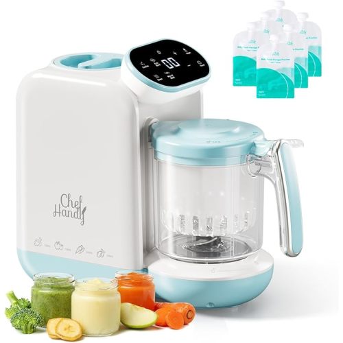 Chefhandy Baby Food Maker with Stainless Steel Steam Basket | 5-in-1 Baby Food Processor, Steamer & Blender for Homemade Baby Food, BPA-Free, 6 Reusable Pouches, Ideal for Newborns & Infants, Green