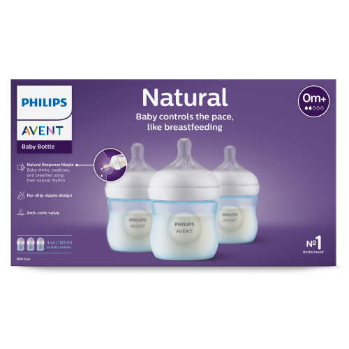 Philips Avent Natural Baby Bottle with Natural Response Nipple, Blue, 4oz, 3pk, SCY900/23