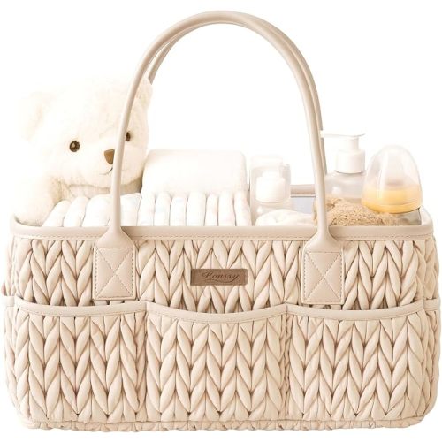 Konssy Baby Diaper Caddy Organizer, Braided Quilted Design with PU Handles | Water-Repellent, Portable Diaper Caddy Basket, Boho Nursery Organizer for Changing Table, Newborn Essentials (Beige)