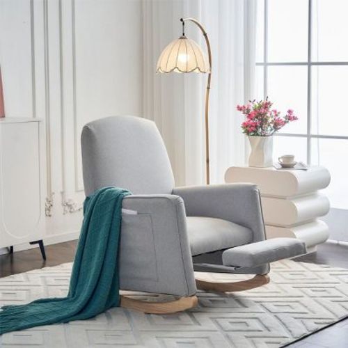 Modern Wooden Rocking Lounge Chair,ivory Teddy Fabric Rocking Chair With Pockets,comfy Accent Arm Chair With Solid Wood Legs,leisure Chairs-cuddlewood