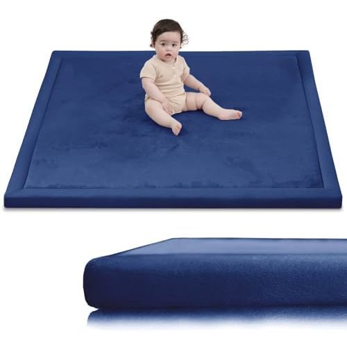 Huloo Sleep Baby Play Mat for Floor,1.3" Thick Elasti-Foam 50x50 Playpen Mat for Toddlers Infant Kids,Water-Repellent Soft Coral Velvet Tummy Time Non Slip Crawling,Tatami(Dark Blue)