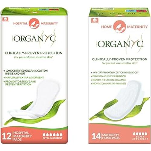 Organyc Hospital + Home Postpartum Pads Bundle Pack, 100% Certified Organic Cotton Pads for Women, Large Pads for First Days After Delivery