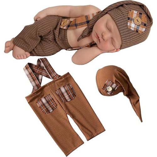 Zeroest Newborn Boy Photo Outfit Props Baby Boy Photography Outfit Photo Shoot Boy Pictures Suspenders Pants Sleeping Hat (Brown)