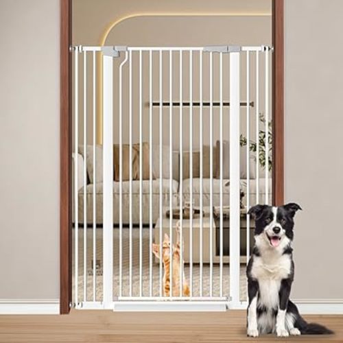 Fairy Baby 51.18" High Extra Tall Cat Gate, 29.5"-40.5" Wide Baby Gate for Stairs No Drill, Metal Auto Close Child Safety Gate Dog Gates for Doorways Pressure Mounted Walk Thru Swing Pet Gate, White