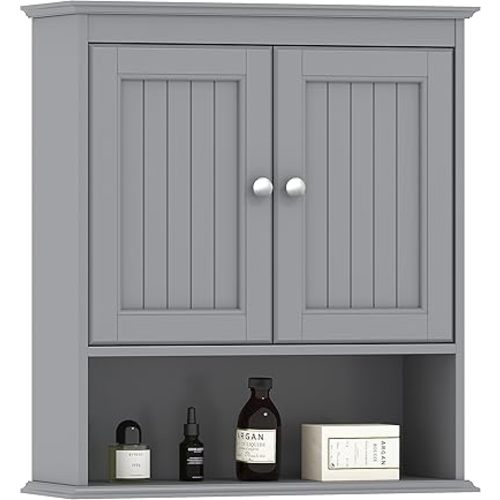 Spirich Bathroom Wall Cabinet, Wall Mounted Medicine Cabinet Organizer, Over The Toilet Storage Cabinet with Doors and Shelves, Gray