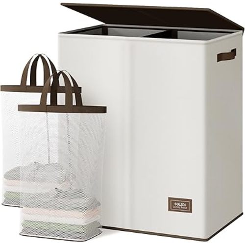SOLEDI Luxury Double Laundry Hamper with Lid and Removable Bags, Large Hamper for Laundry, Laundry Basket 2 Sections, Collapsible Ditry Clothes Hamper for Bedroom, Laundry Room, Bathroom, Off-white
