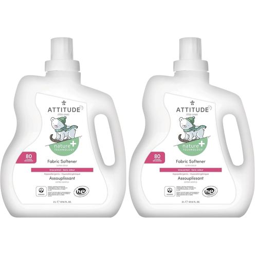 ATTITUDE Baby Fabric Softener, Plant and Mineral-Based Ingredients, HE Compatible, Vegan and Cruelty-free Laundry and Household Products, Unscented, 80 Loads, 67.6 Fl Oz (Pack of 2)