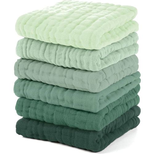 Muslin Baby Washcloths 6 Pack, 100% Cotton Wash Cloths for Babies, Large 12''X12'' Burp Cloths Absorbent and Soft for Newborn Infants Kids Boys Girls - Gradient Green