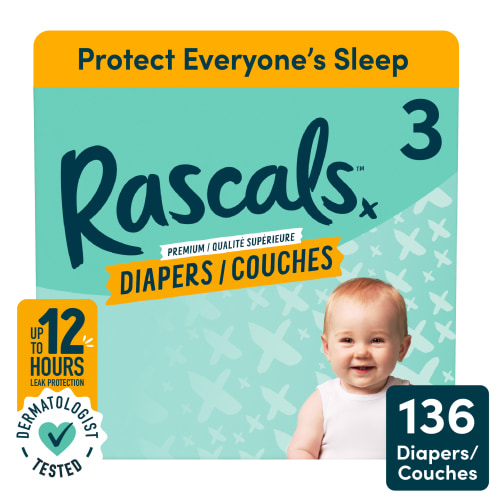 Rascals Premium Absorbent Baby Diapers, Size 3, Carton, 136 Count - Walmart.ca