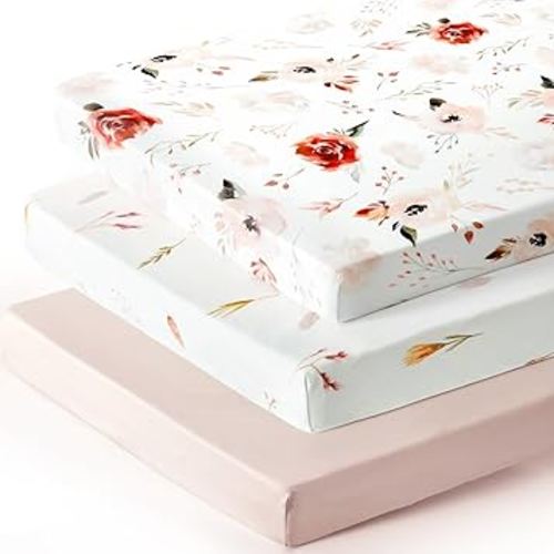 Pack n Play Sheets Fitted 3 Pack, Stretchy Ultra Soft Jersey Knit Pack and Play Sheets, Universal Fitted Portable/Mini Crib Mattresses Snug and Safe, Pretty Watercolor Rose Flora for Baby Girls