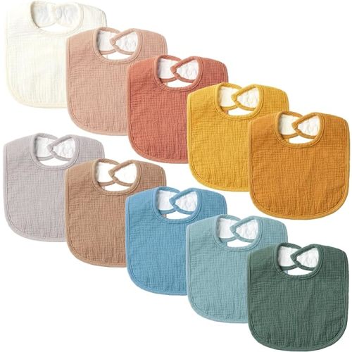 Set of 10 Muslin Baby Bibs for Unisex Boys and Girls, 10 Solid Colors Set for Drooling and Teething - Neutral