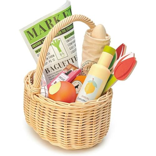 Tender Leaf Toys - Wicker Shopping Basket - Handcrafted Rattan Basket with Handle - Wooden Picnic Basket Playset, Supermarket Shopping Game, 15 Pcs Pretend Play Food Set - Age 3+