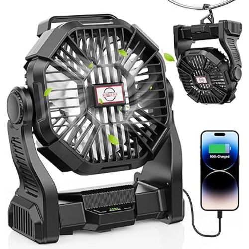 30000mAh Portable Battery Powered Camping Fan - with LED Light, Quiet Battery Operated, Camping Gear for Travel, Tent, Beach, Car or Hurricane Power Outages, Black
