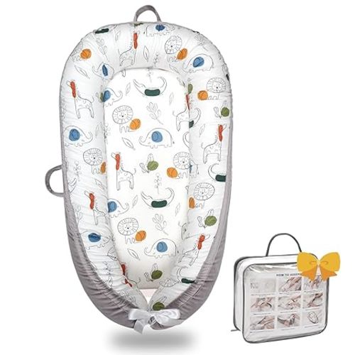 Baby Lounger-Breathable and Soft Organic 100% Cotton, Portable Infant Lounger with Removable Lounger Cover, Floor Lounger for Newborn - Crocodile & Elephant