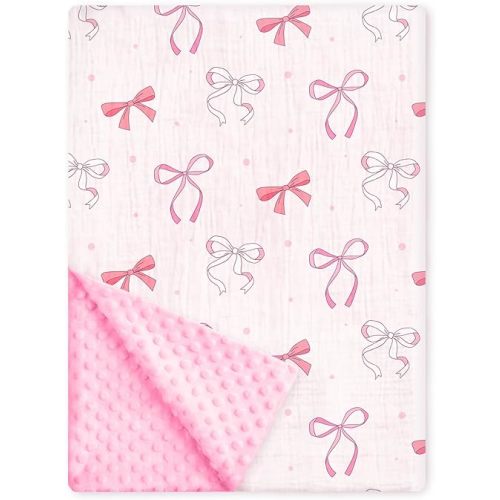 Pink Bow Baby Blankets for Girls, Soft Nursery Minky Blanket with Muslin Front and Dotted Fleece Back for Newborn Warm Pink Cute Blankets for Infant Toddlers 30 x 40in