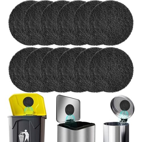 12-Pack Universal Stick-on Trash Can Odor Absorbing Filters, Thick Design Activated Charcoal Purifying Deodorizer for Trash Cans, Compost Buckets, Countertop and Recycle Bins (Round)