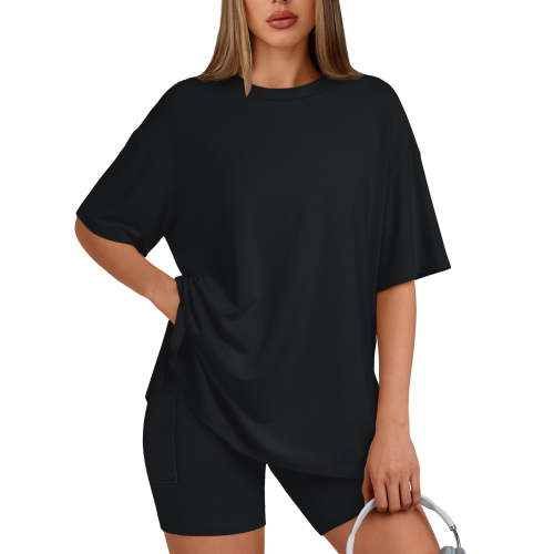 SUNBS Two Piece Lounge Set for Women Outfit Sets Casual Oversized Shirts Biker Shorts Matching Sets