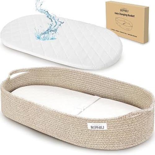 Baby Changing Basket Foldable Baby Changing Pad and Waterproof Cover, Premium Handmade Cotton Rope Reinforced Moses Baskets Changing Table Topper, Built-in Security Strap (Warm Brown)