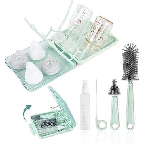 Baby Bottle Brush Set, 6-in-1 Travel Bottle Cleaning Kit with Silicone Bottle Brush, Nipple & Straw Brush, Soap Dispenser, Drying Rack, Storage Box – Compact Travel Baby Essential for Home & On-The-Go