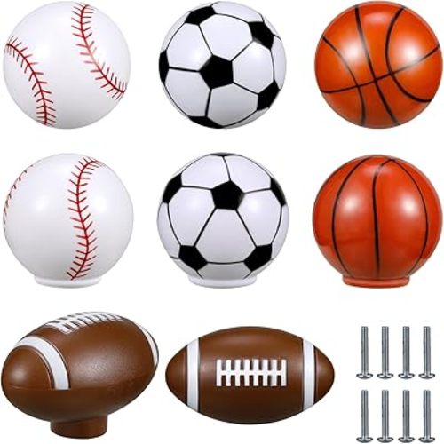 Menkxi 8 Pcs Sports Ball Dresser Knobs for Kids Baseball Basketball Dresser Drawer Knobs Boys Football Soccer Sports Nursery Hardware Drawer Pulls Handles for Cabinet Party Decor (Classic Style)