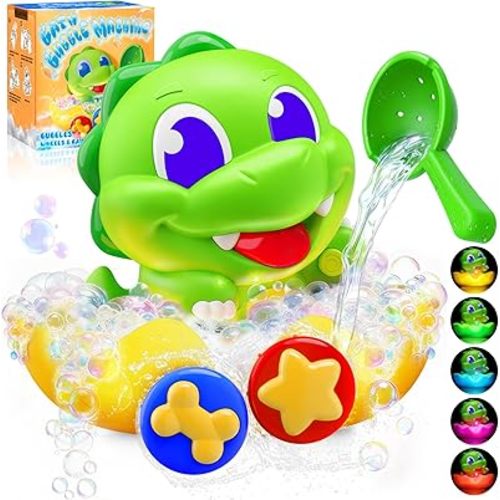 Dinosaur Baby Bath Toys for 1 2 3 Year Old Boys, Dino Bath Bubble Machine with Rainbow Lights & Water Scoop,Fun Toddler Toys Baby Shower Bathtub Toys Christmas Birthday Gifts for Boys Age 1-3 Year Old
