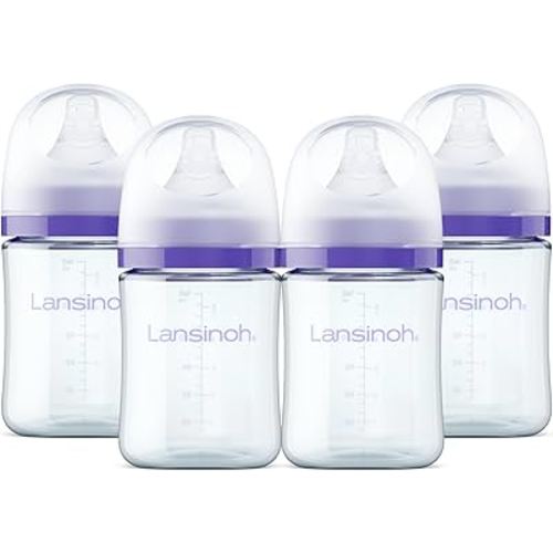 Lansinoh Anti-Colic Glass Baby Bottles, Purple Collar, 5 Ounces, 4 Count | Slow Flow Nipples (S), 1-3 Months, Borosilicate Glass, Lansinoh Bottles with NaturalWave Design, Baby Feeding Essentials