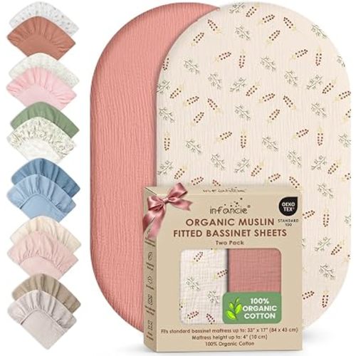 100% Organic Cotton 2 PK Baby Muslin Bassinet Sheets Unisex 33 x 17in