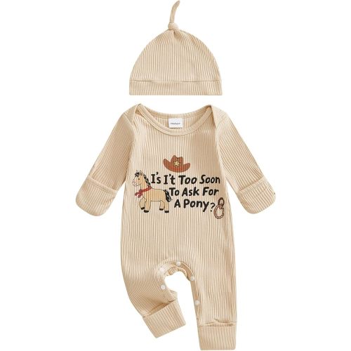 Western Newborn Baby Boy Cowboy Outfit Little Pony Romper Rib Knit Jumpsuit with Hat Coming Home Fall Clothes