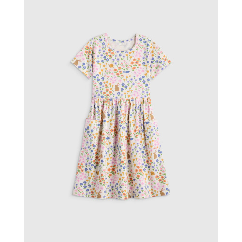 Organic Cotton Fit and Flare Pocket Dress - Kid Girl in Grey Ditsy Floral