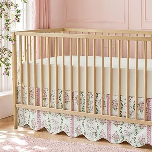 Brandream Scallop Edge Crib Skirt Organic Cotton Toddler Bedskirt Floral Stripes and Vines Baby Nursery Crib Bed Skirt Neutral Vintage Green Pink Floral Bouquet Farmhouse Chic Boho Bohemian Skirt