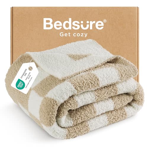 Bedsure Throw Blanket for Couch Bed Sofa - Super Soft, Beige, Checkered Throw Blanket, GentleSoft, Fluffy, Cozy, Santa Gifts for Women, 50x60 Inches