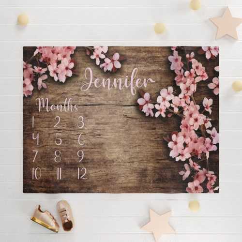 Cherry Blossoms Baby MONTHLY MILESTONE BLANKET, Calendar, Track Growth, Age, Watch me Grow, Floral, Spring, Flowers, Watercolor, Shower Gift