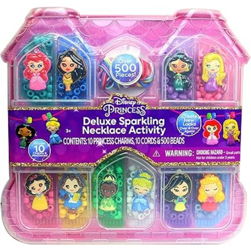 Disney Princess Deluxe Necklace Activity Case – Jewelry Making Kit with Beads, Charms & Strings – Create Custom Princess Necklaces – Craft Gift for Girls Ages 3+ – Portable Storage Case Included