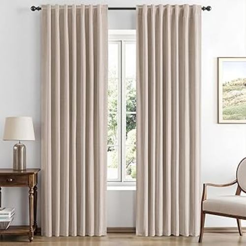 MIULEE 100% Blackout Linen Curtains for Bedroom, Beige Solid Luxury Decor Thermal Insulation Room Darkening Drapes for Living Room Nursery Back Tab Rod Pocket 42 x 63 Inches, 2 Panels