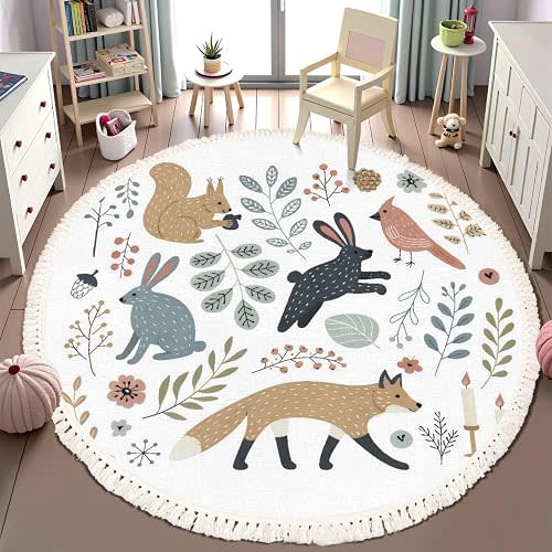 Round Rugs Hand Drawn Scandinavian Style Set Forest Animals Plants Clip Boho Area Rug Linen and Cotton Carpet Meditation Rug Washable Hallway Runner Mat Accent Rug for Bedroom Bathroom 6ft