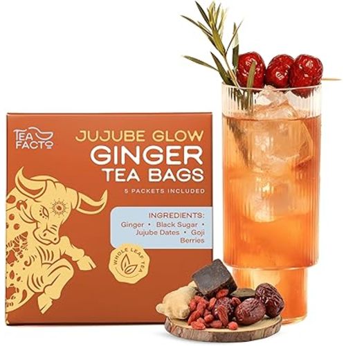 Tea Facto Inner Glow* Jujube Ginger Tea Bags with Dried Ginger Roots and Red Dates - Natural Fiber, Zero Added Sugar, Zero Caffeine - 5 Count