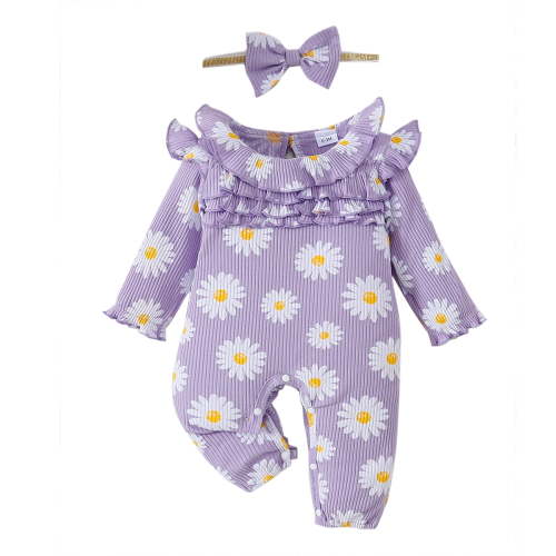 Newborn Baby Girls Clothes Baby Girls One-piece Romper Newborn Girls Long Sleeve Ruffle Collar Floral Bodysuit with Headband Purple 3-6 Months