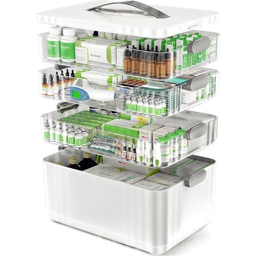 4-Tier Medicine Organizer - Portable Medicine Cabinet with Plastic Handle, Multipurpose Medical Box, Empty First Aid Kit for Home
