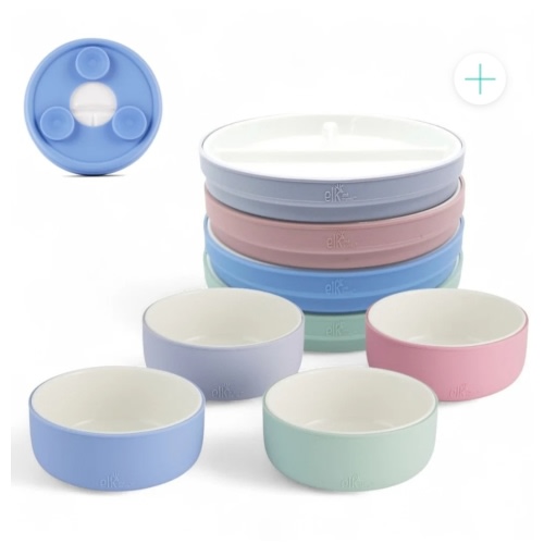 Kids Porcelain Mealtime Bundle | Suction Sleeves | 6.7" Plates + Bowls | 8 Pcs | Blush/Lilac/Sage/Misty Blue